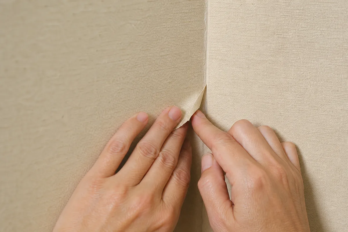 Main qui vérifie l’adhérence d’un lé de papier peint dans un angle de mur