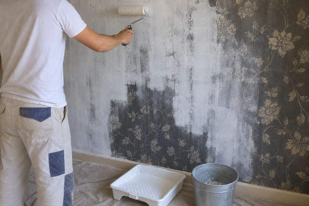 Application d’une sous-couche blanche au rouleau sur un mur tapissé, motif encore visible par transparence