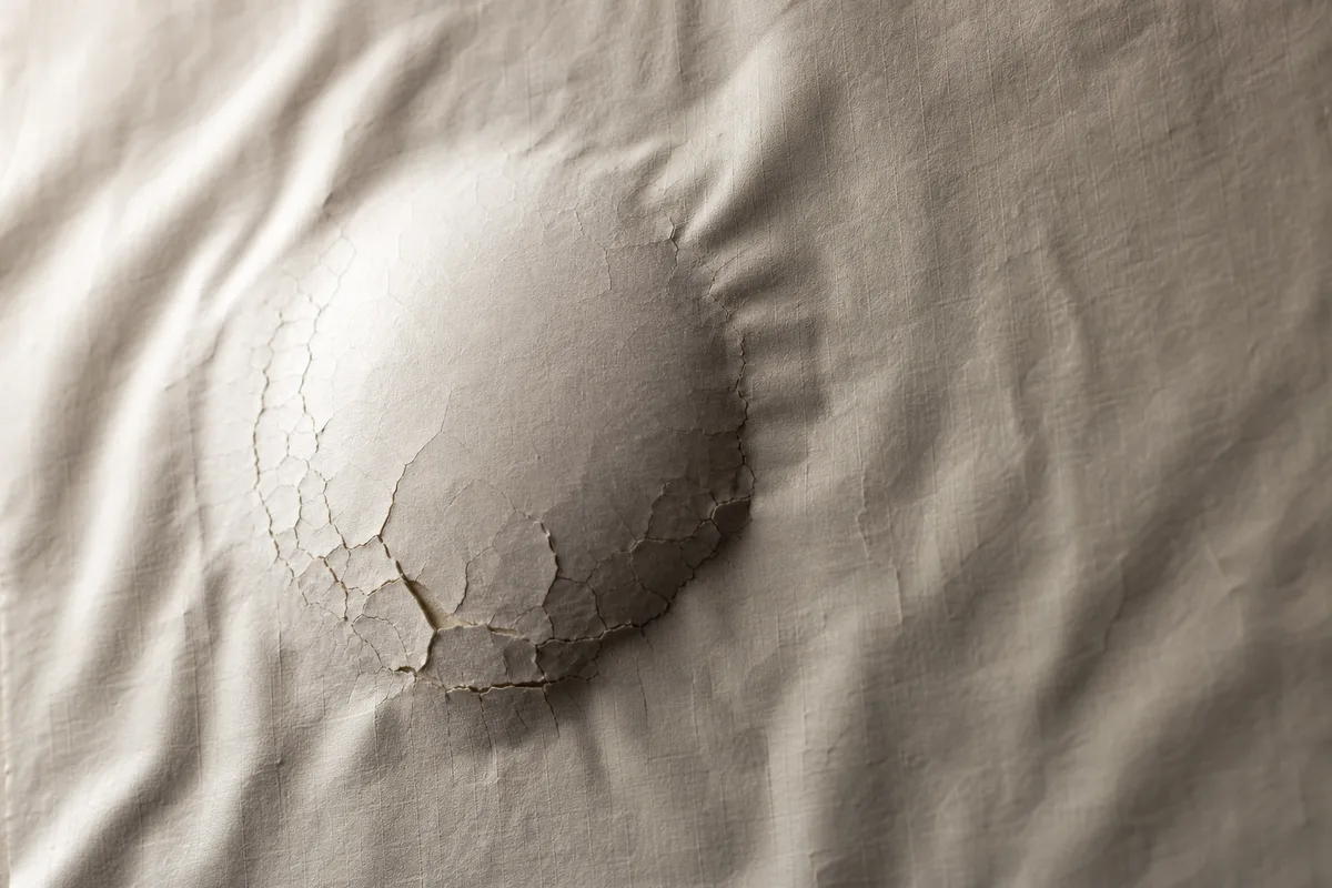 Bulle de peinture formée sur un mur tapissé, cloque en lumière rasante