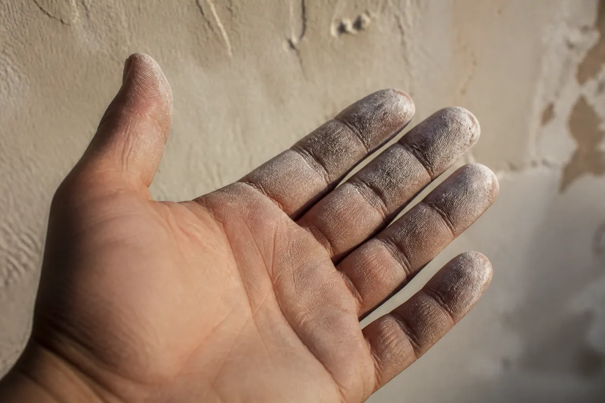Main à plat sur un mur peint ancien, poudre blanche de farinage visible sur les doigts en lumière rasante