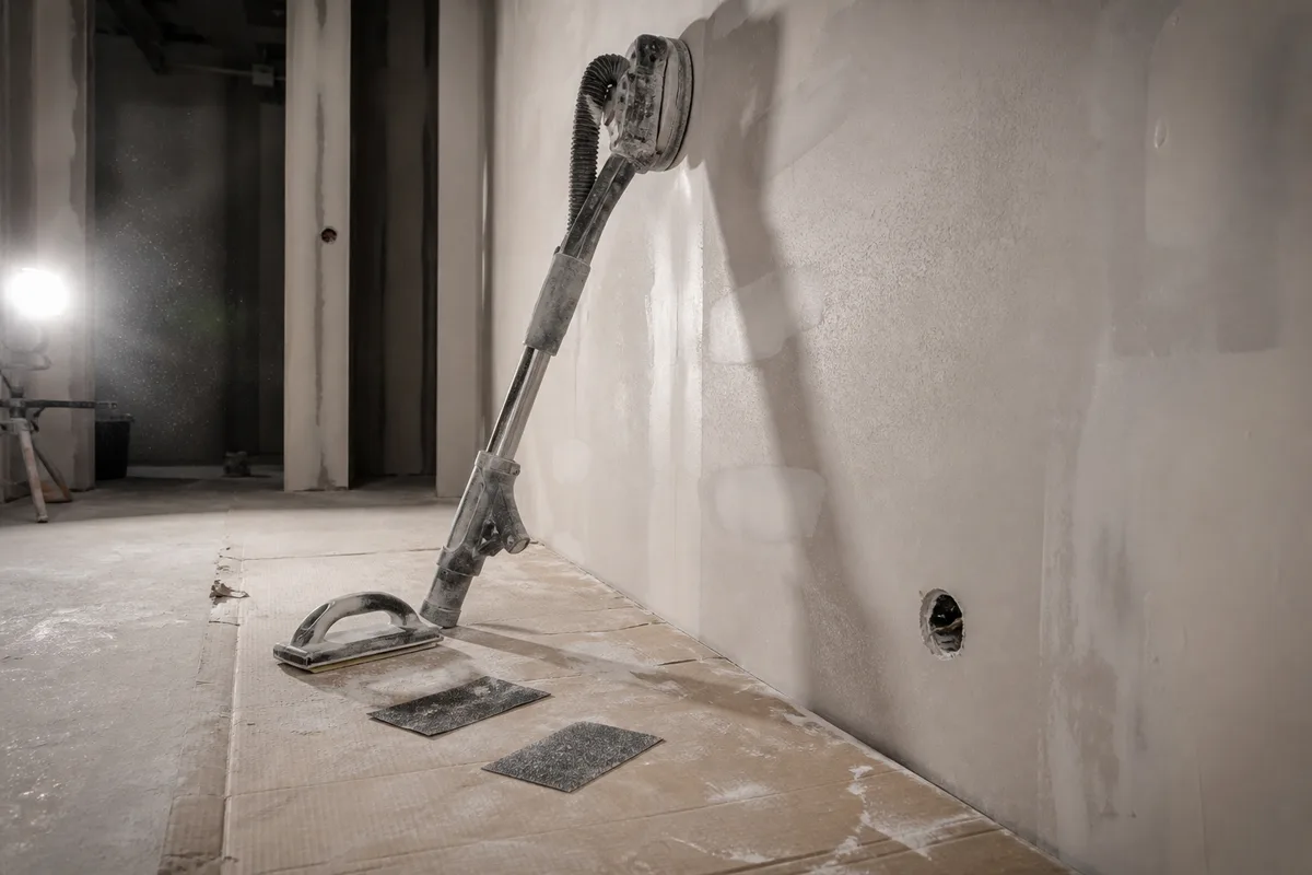 Ponceuse girafe et cale abrasive posées au pied d’un mur poncé, poussière fine au sol, éclairage latéral d’atelier