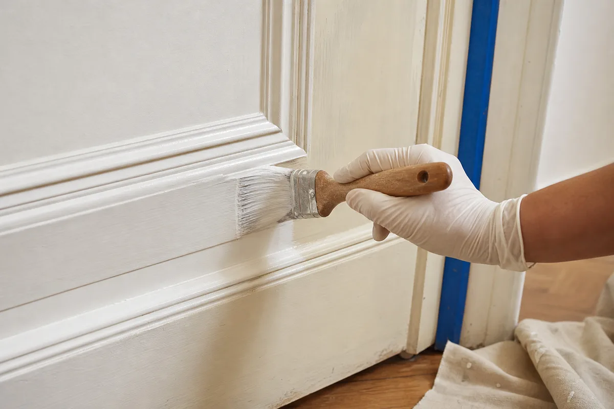 Pinceau chargé de peinture blanche appliquée sur le chambranle d&rsquo;une porte à panneaux